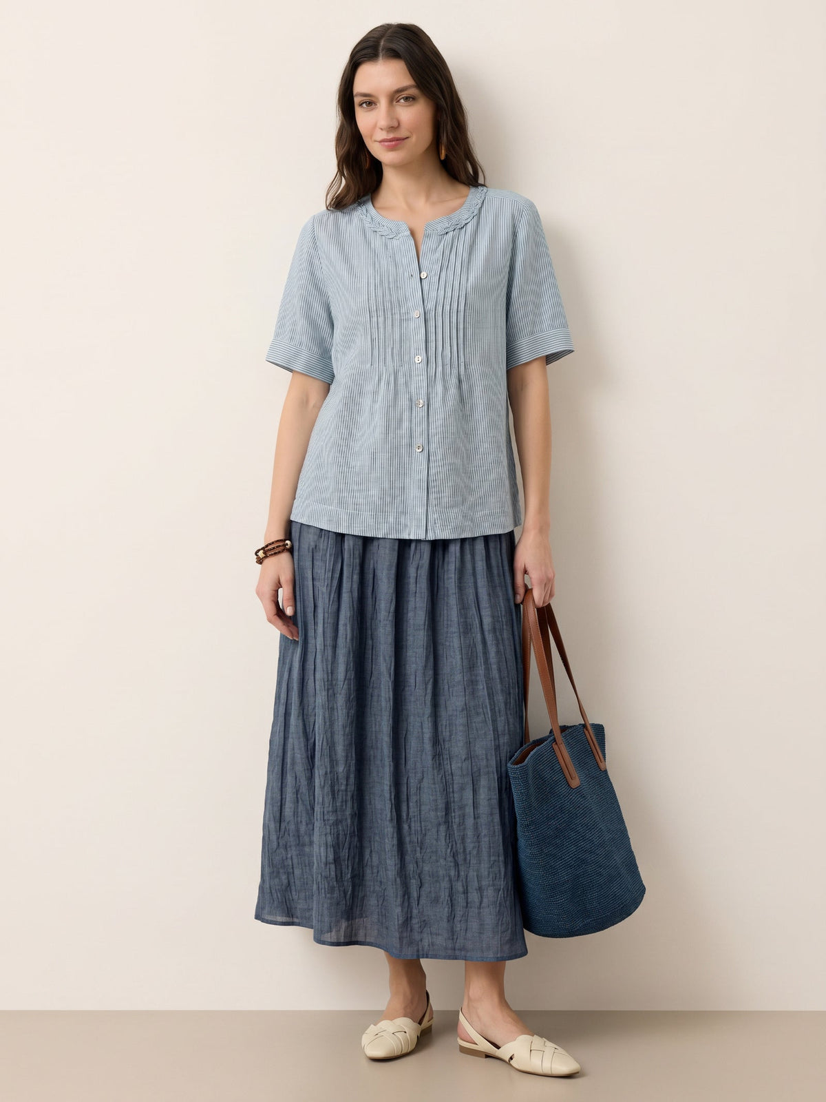 100% Linen Striped Braided Neck Shell Button Top ARDEN
