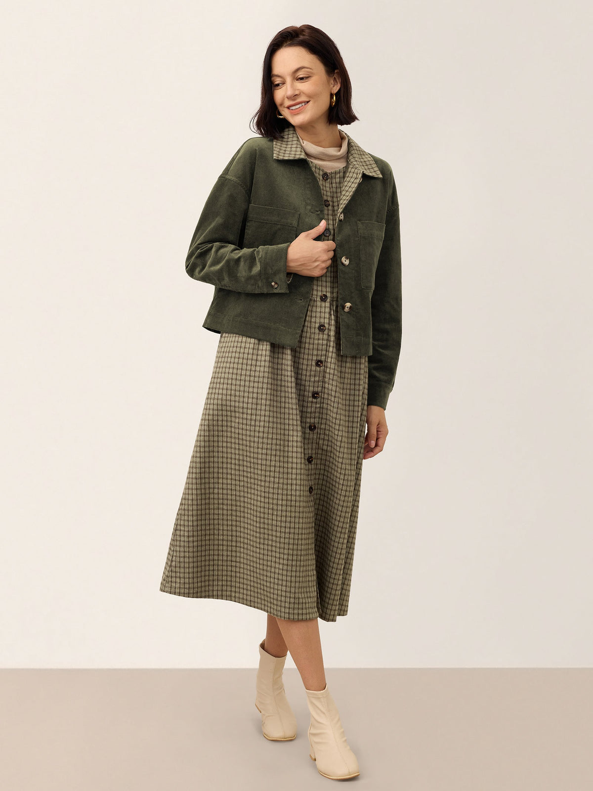 Contrast Check Collar Cropped Jacket FLORENZA