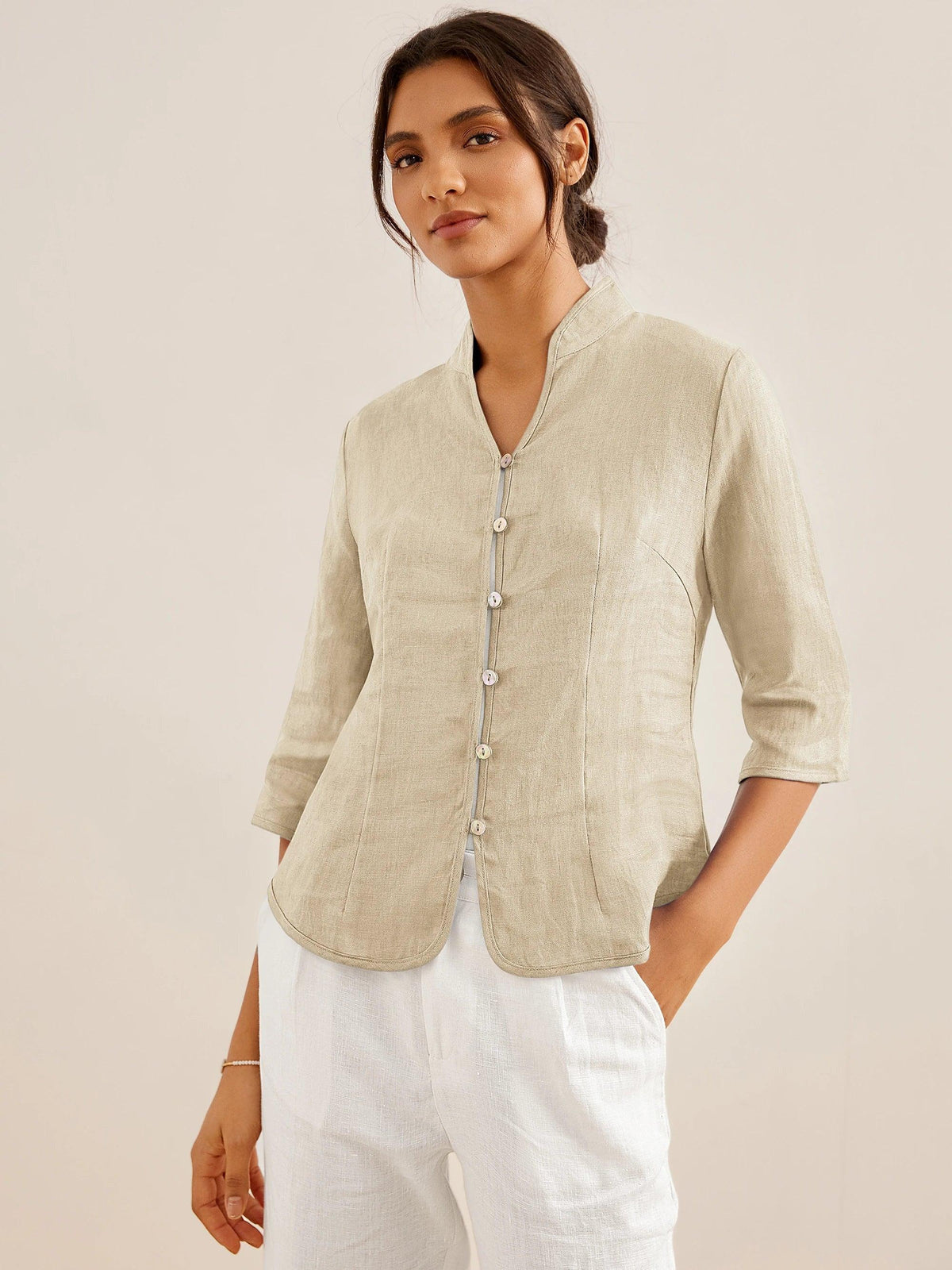 100% Linen Stand-Collar Half-Sleeve Fitted Jacket AMELIA