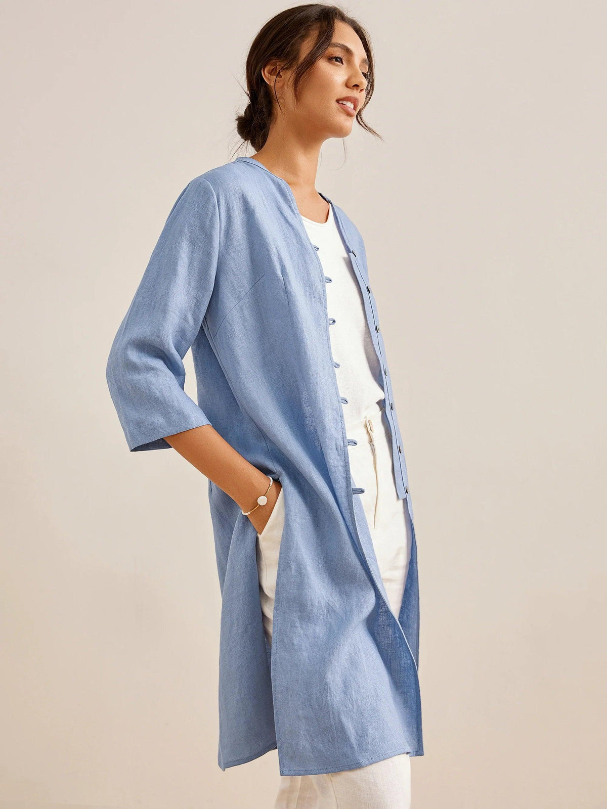 100% Linen Hand Button Long Top DILLON