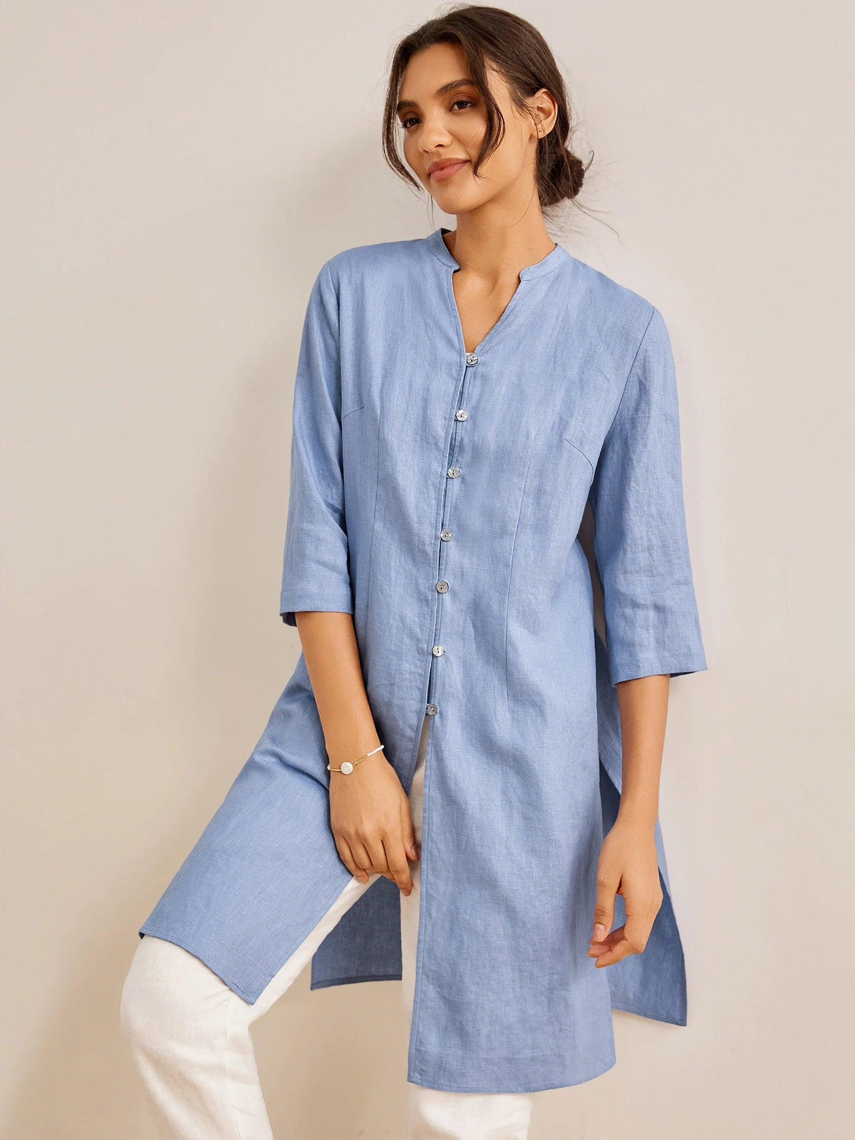 100% Linen Hand Button Long Top DILLON