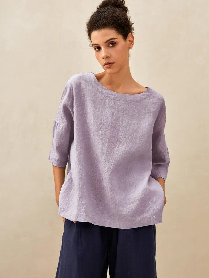 100% Linen Boatneck 3/4 Length Sleeve Top AURORA