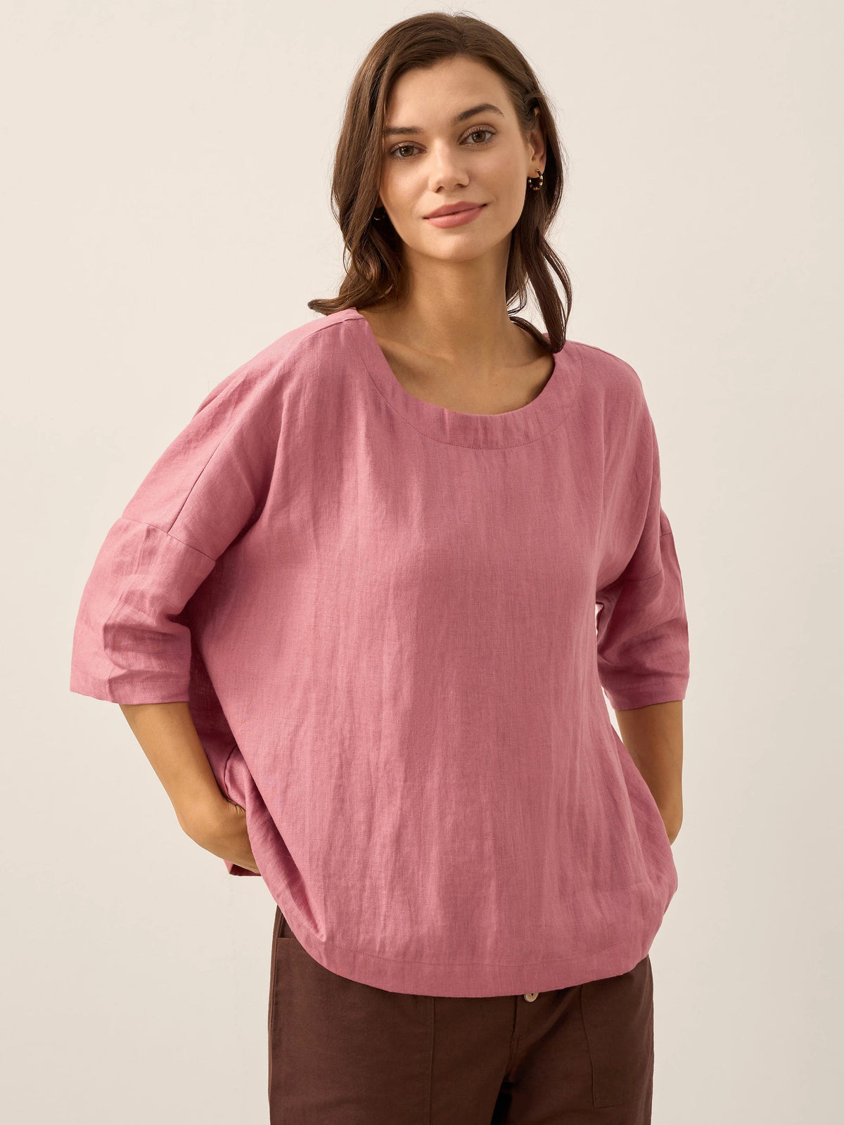 100% Linen Boatneck 3/4 Length Sleeve Top AURORA