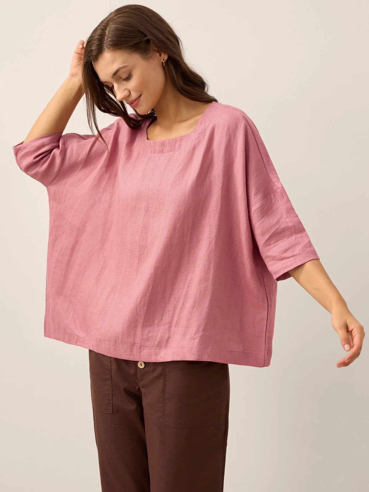 100% Linen Boatneck 3/4 Length Sleeve Top AURORA