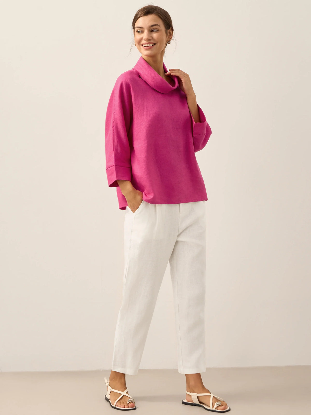 100% Linen Dropped Collar Long-Sleeve Top TRISTAN