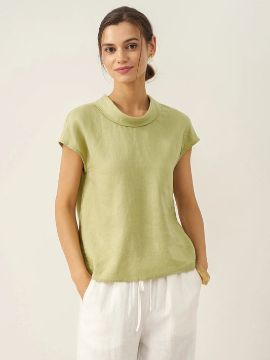 100% Linen Cap Sleeve Soft-Fold Collar Top YVONNE