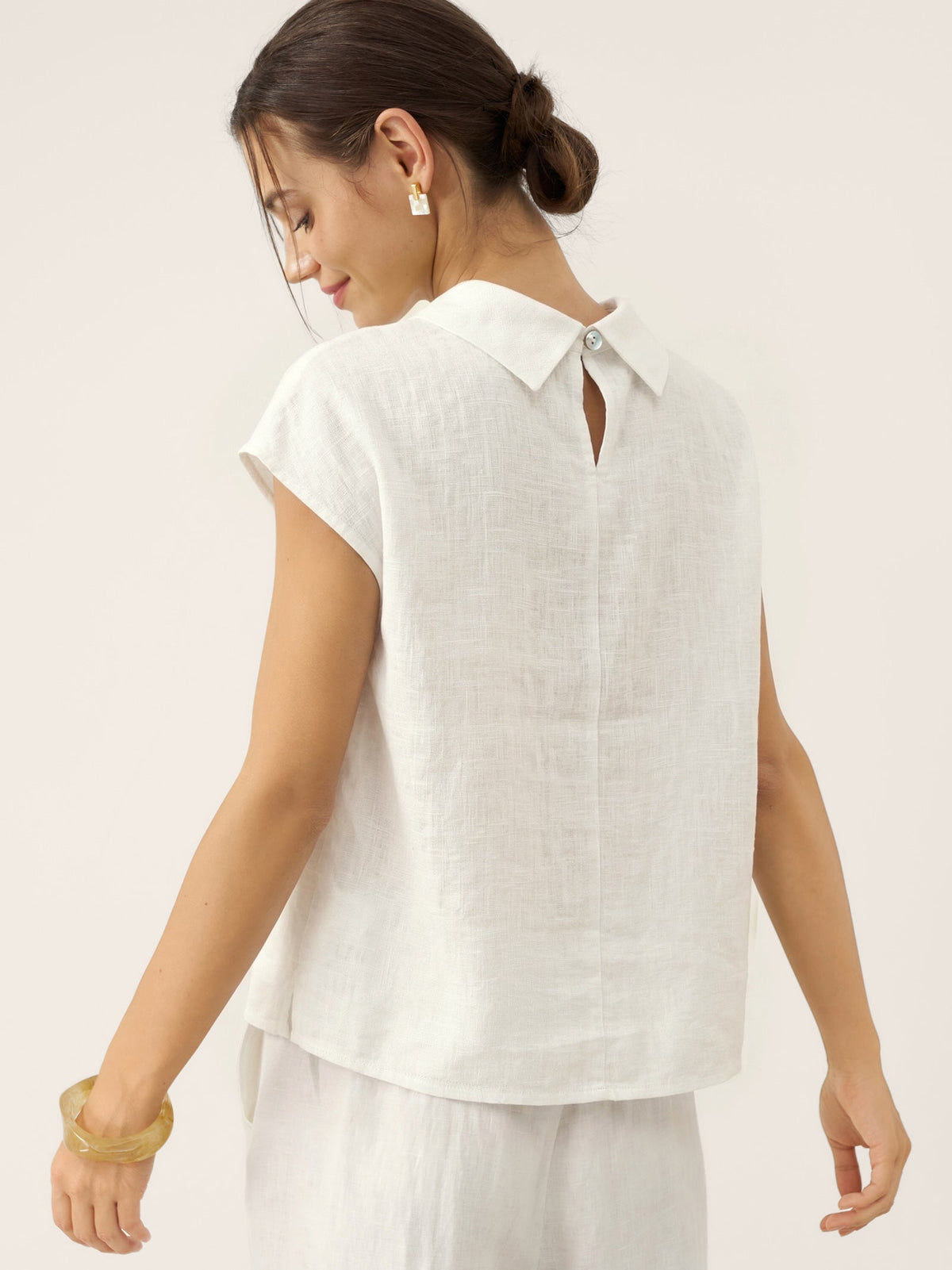 100% Linen Cap Sleeve Soft-Fold Collar Top YVONNE
