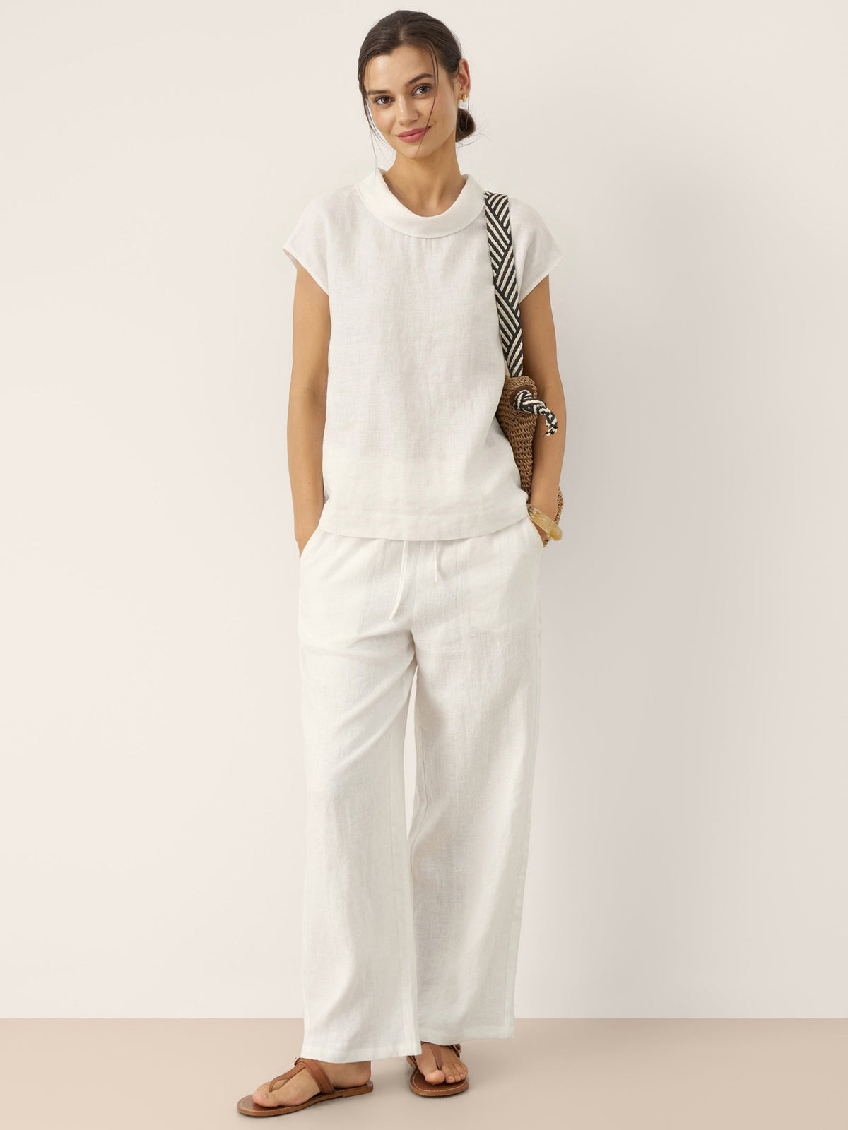 100% Linen Cap Sleeve Soft-Fold Collar Top YVONNE