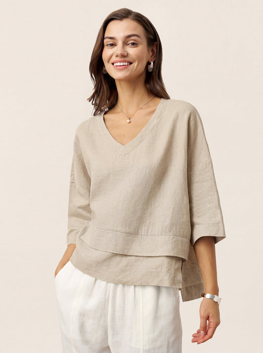 100% Linen Drop Shoulder Asymmetric Layered Hem Overtop VIOLA