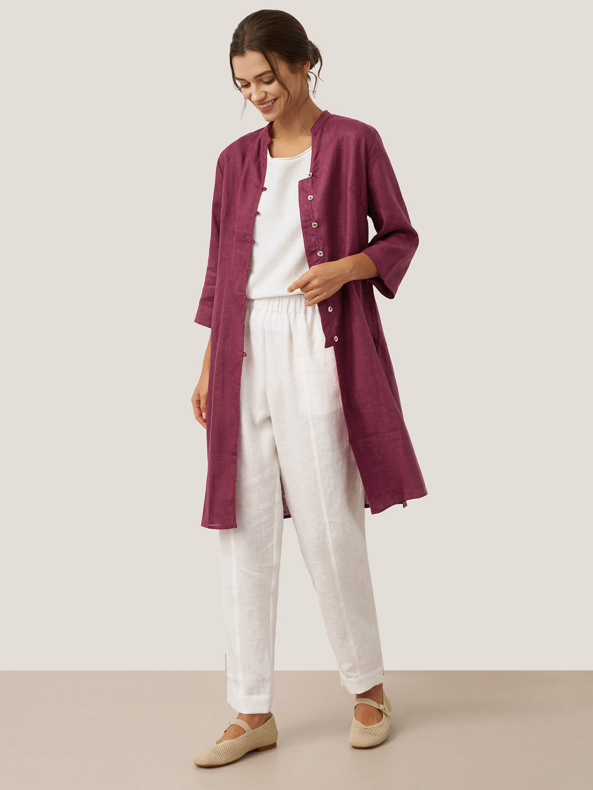 100% Linen Hand Button Long Top DILLON