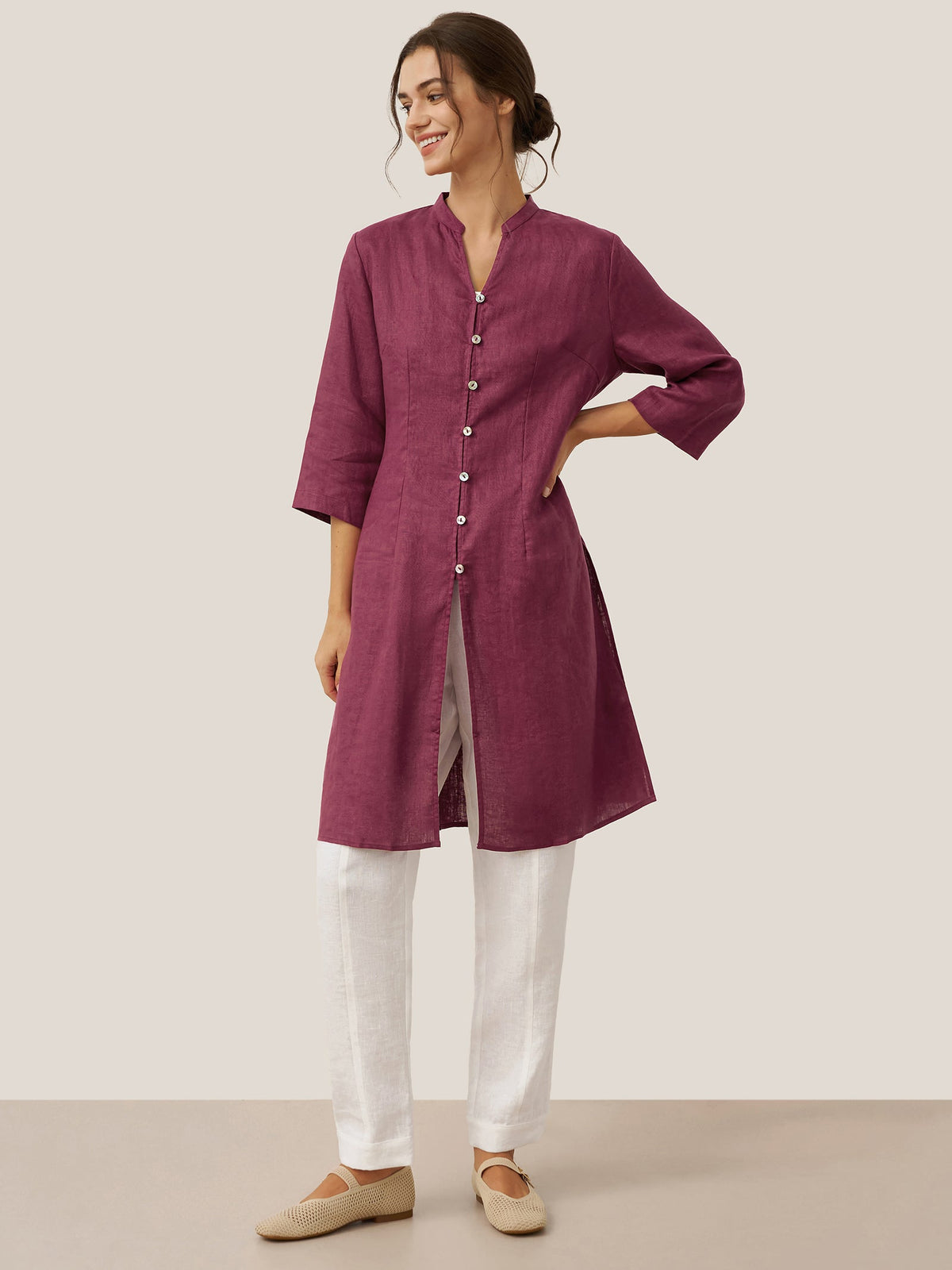 100% Linen Hand Button Long Top DILLON