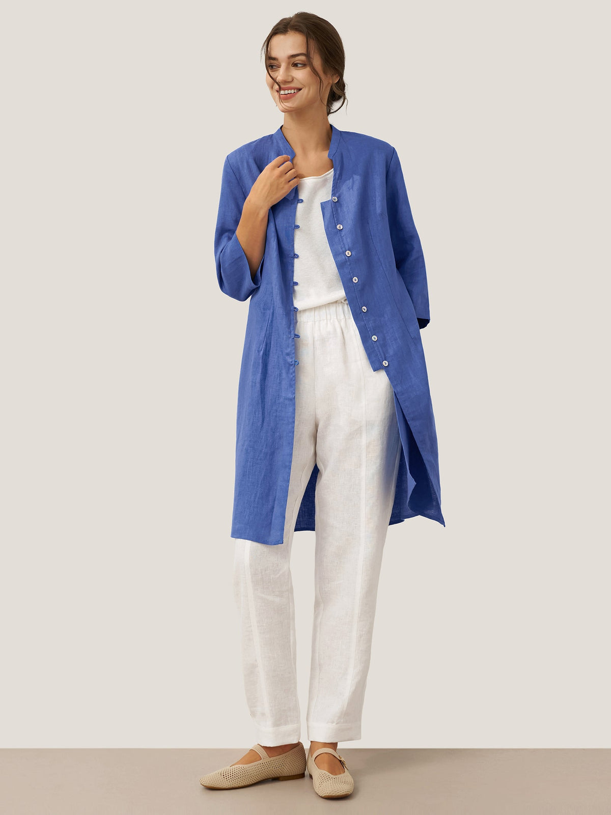 100% Linen Hand Button Long Top DILLON