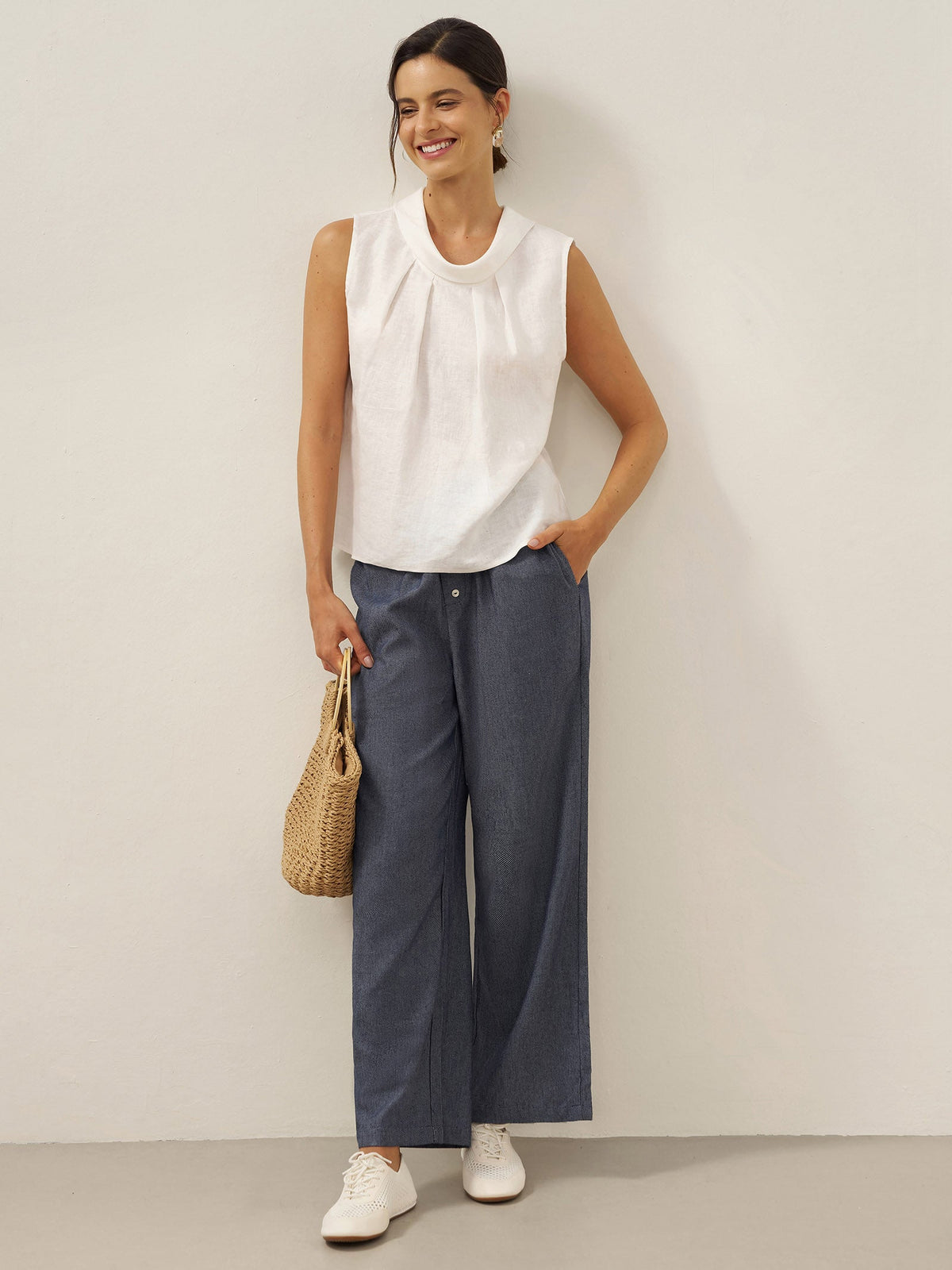 100% Linen Structured Collar Sleeveless Blouse BLAIR