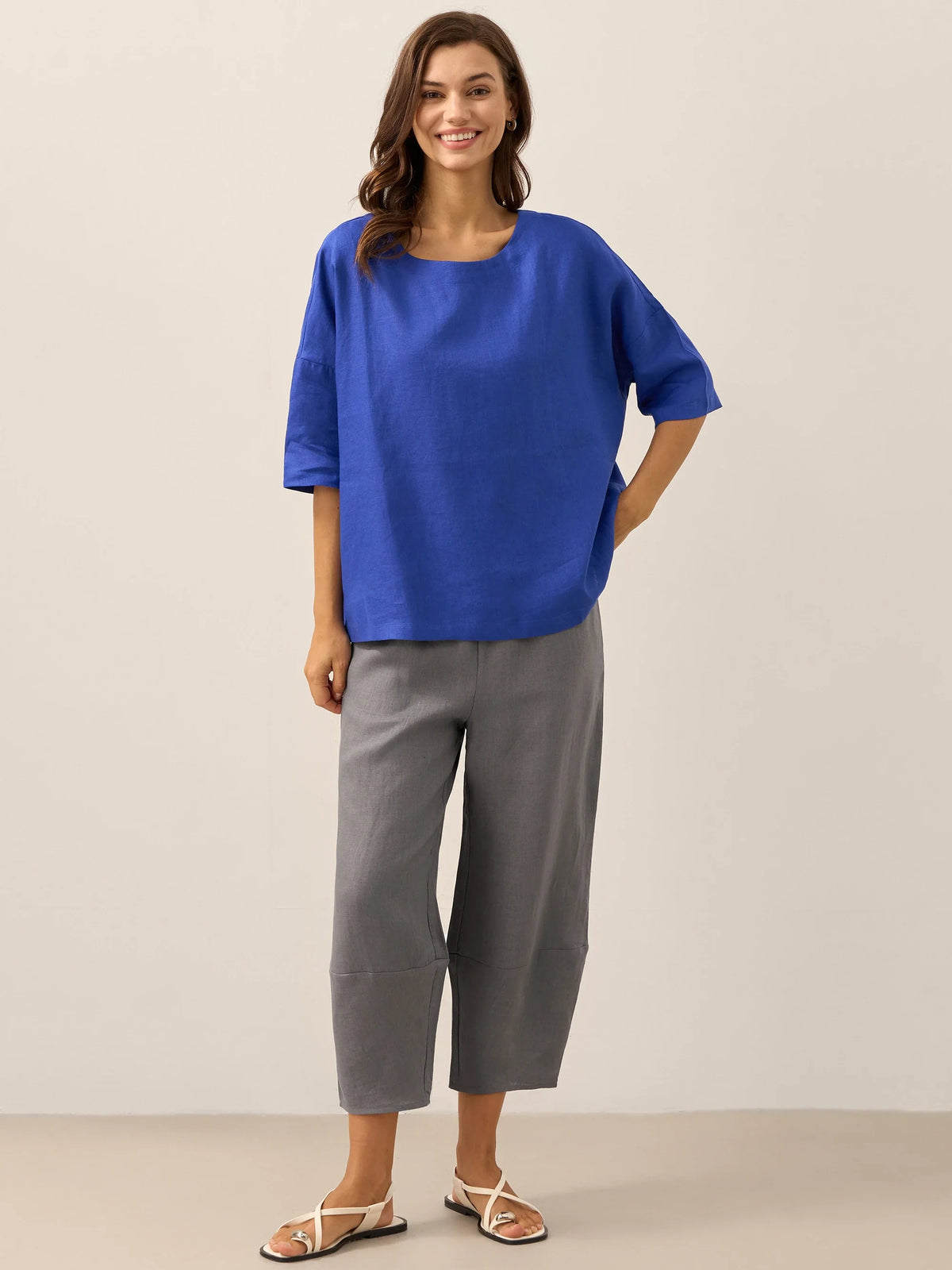 100% Linen Boatneck 3/4 Length Sleeve Top AURORA