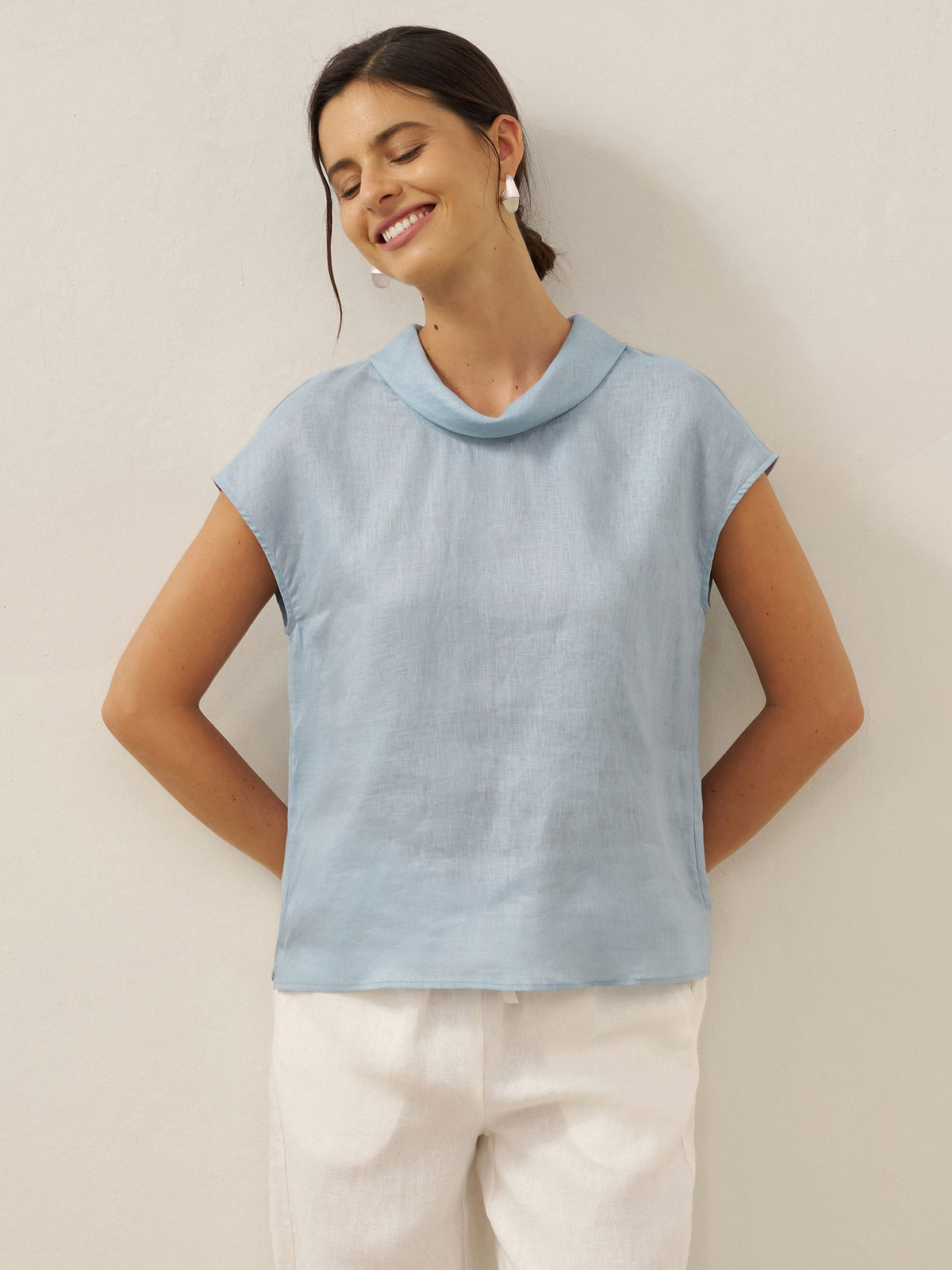 100% Linen Cap Sleeve Soft-Fold Collar Top YVONNE