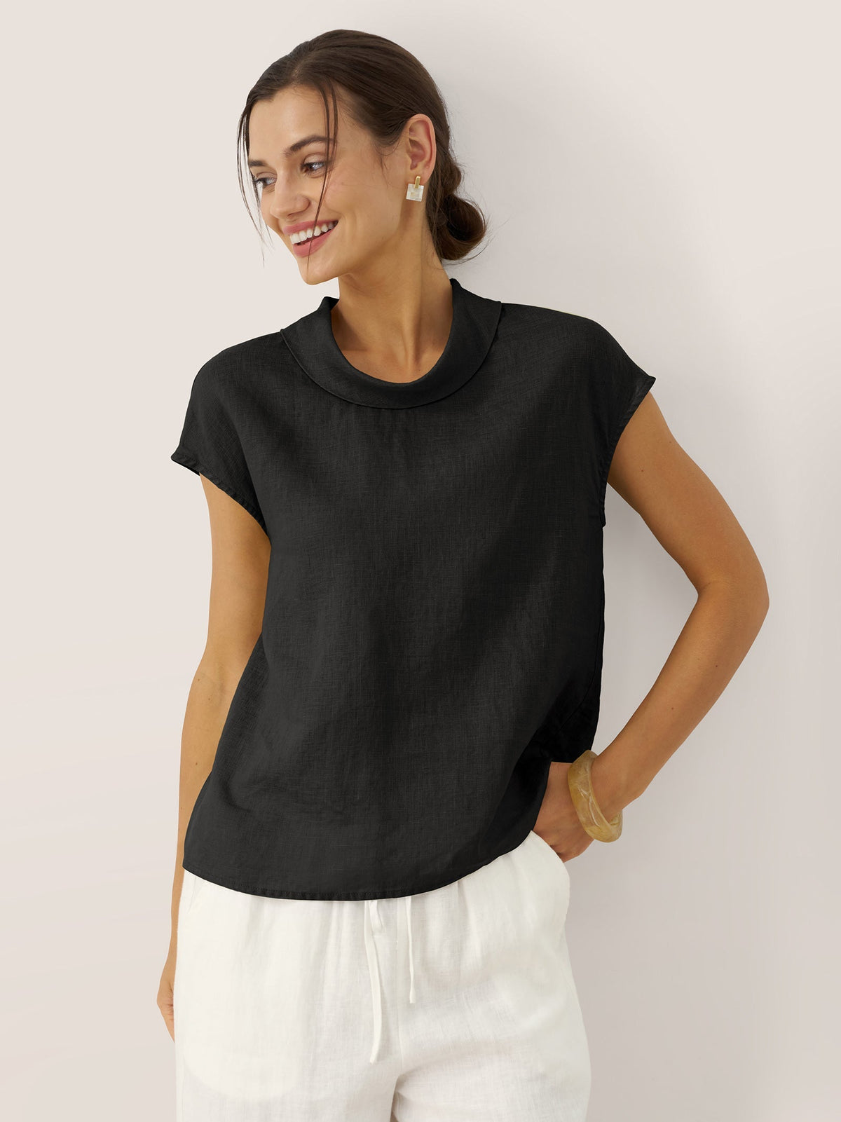 100% Linen Cap Sleeve Soft-Fold Collar Top YVONNE