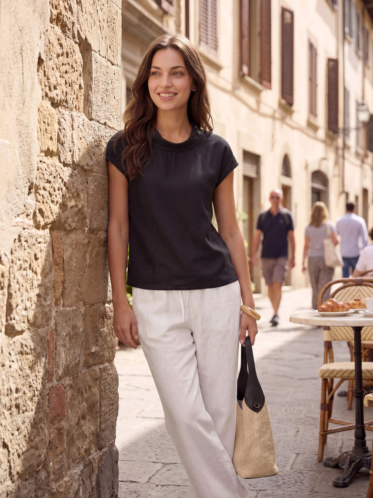 100% Linen Cap Sleeve Soft-Fold Collar Top YVONNE