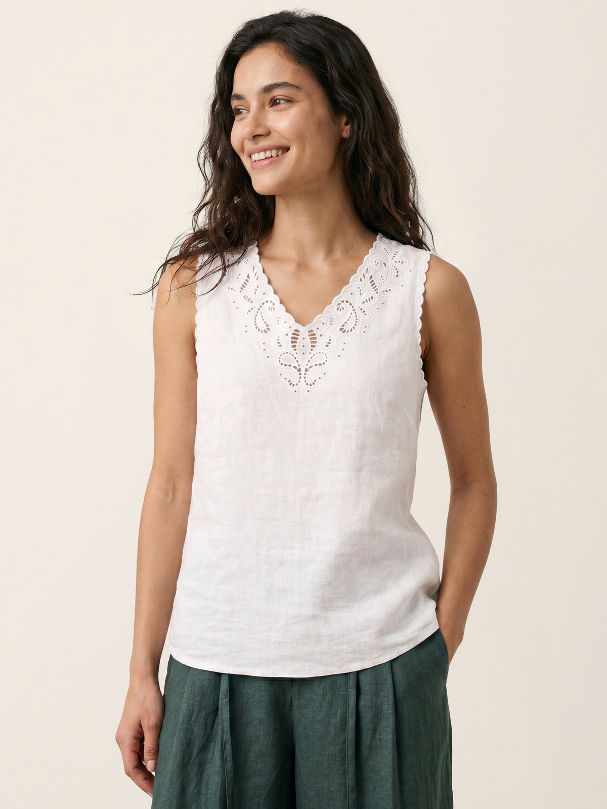100% Linen Paisley Cutwork V-Neck Tank WAVERLY