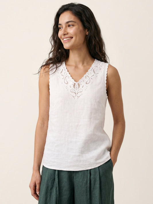 100% Linen Paisley Cutwork V-Neck Tank WAVERLY