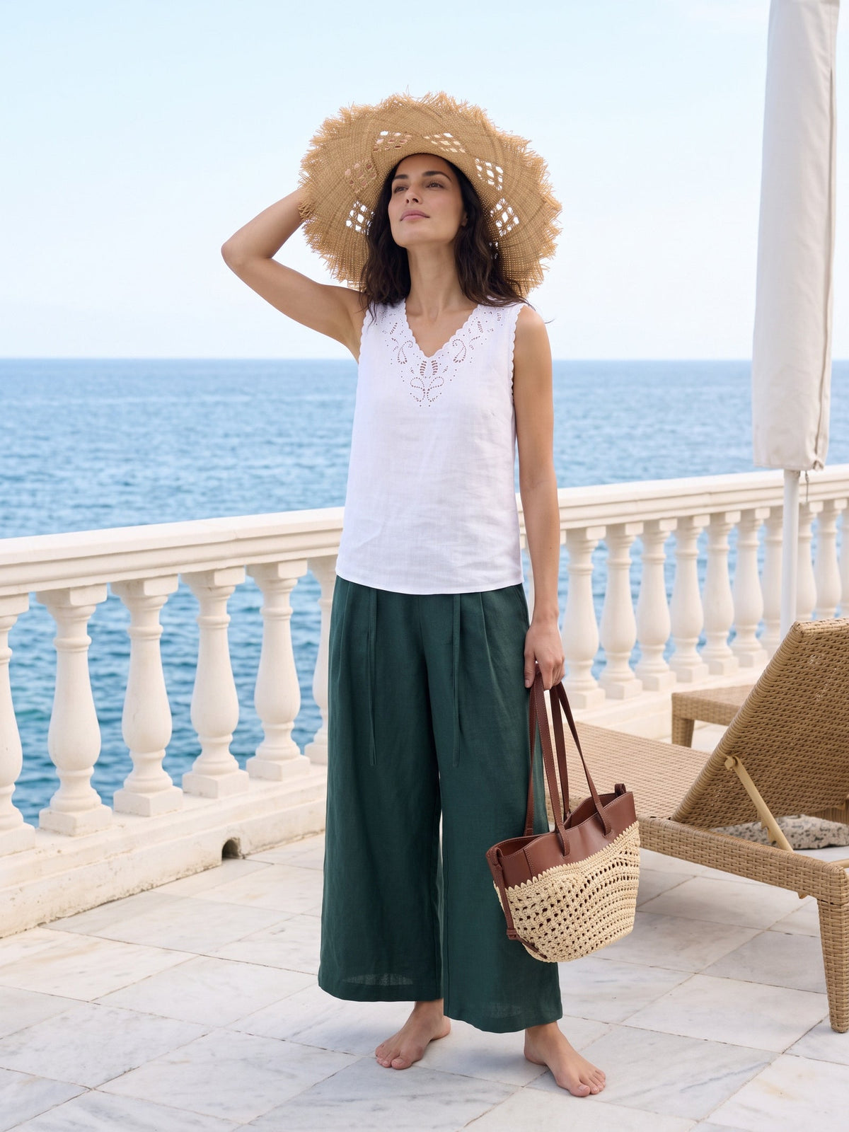 100% Linen Paisley Cutwork V-Neck Tank WAVERLY