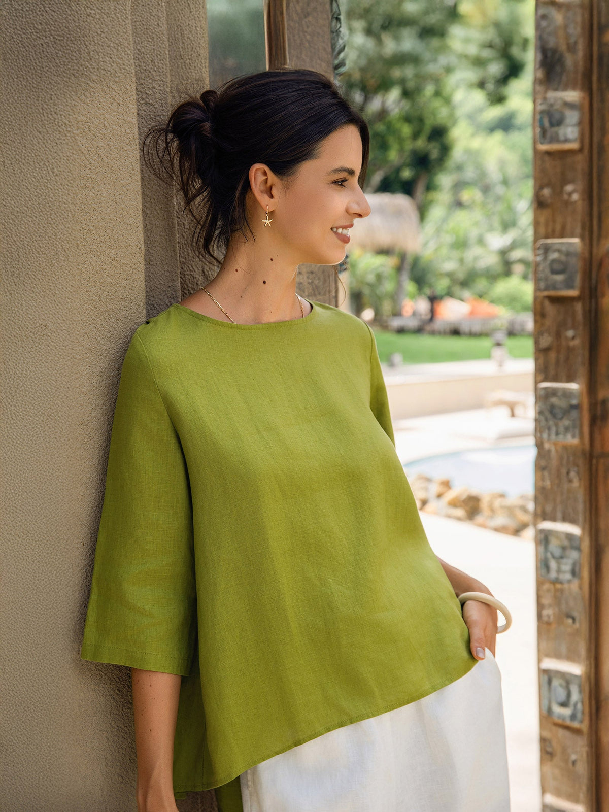 100% Linen Round Neck Asymmetrical Hem Top BRIANNA