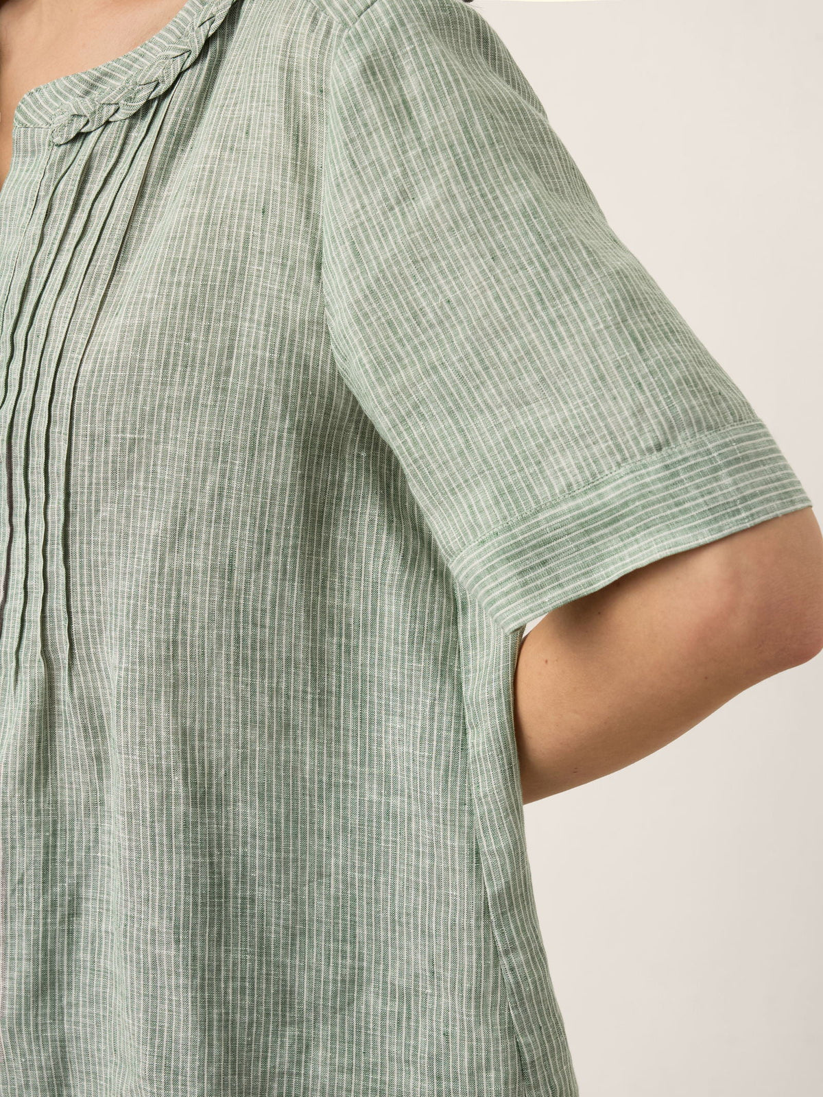 100% Linen Striped Braided Neck Shell Button Top ARDEN