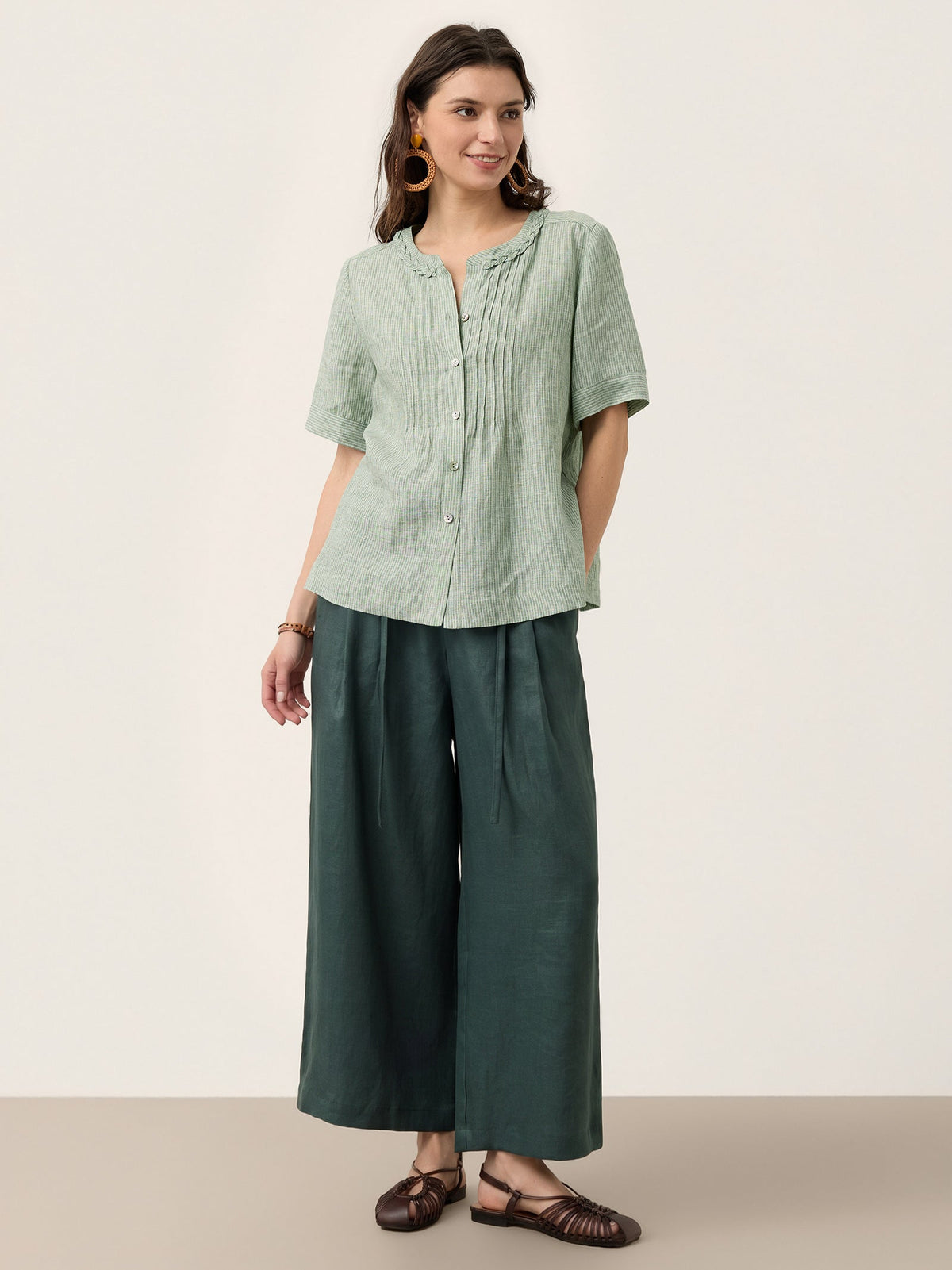 100% Linen Striped Braided Neck Shell Button Top ARDEN