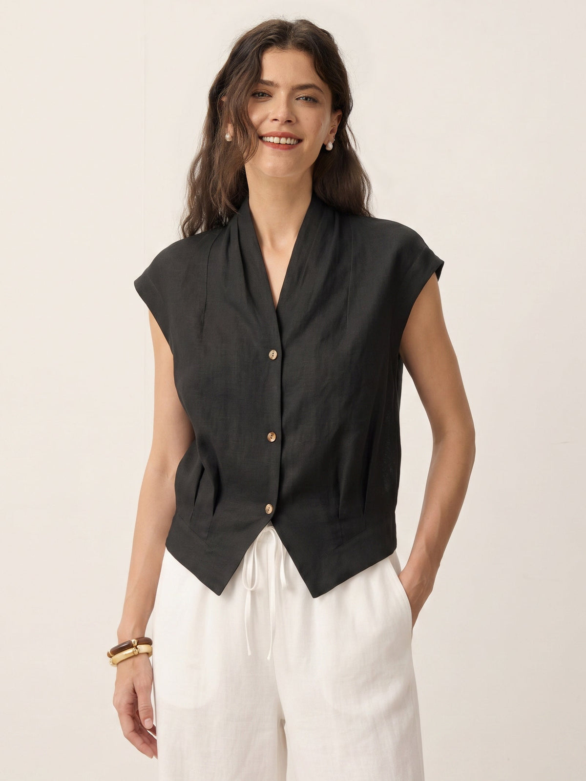 100% Linen Surplice Neck Elasticated Back Cropped Shirt VALERIA