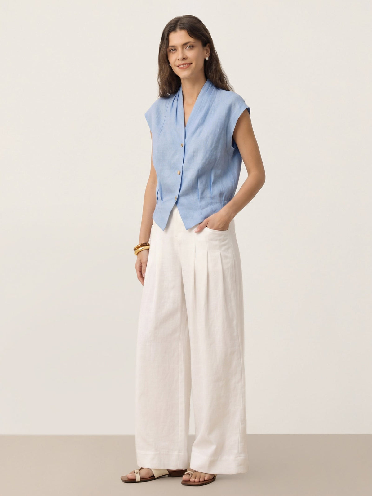 100% Linen Surplice Neck Elasticated Back Cropped Shirt VALERIA