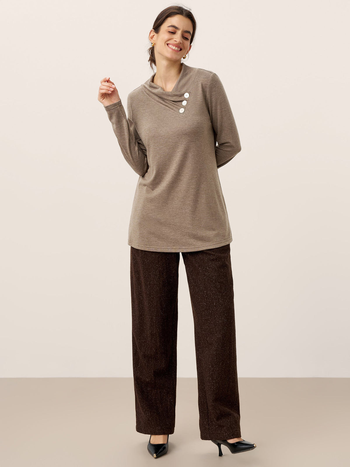 Cashmere Asymmetric Cowl Neck Stretch Top TATIANA