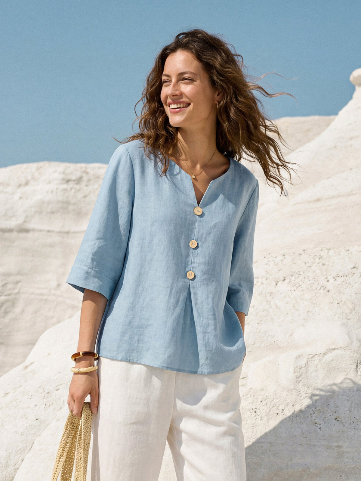 100% Linen Split Neck Inverted Pleat Top TABITHA