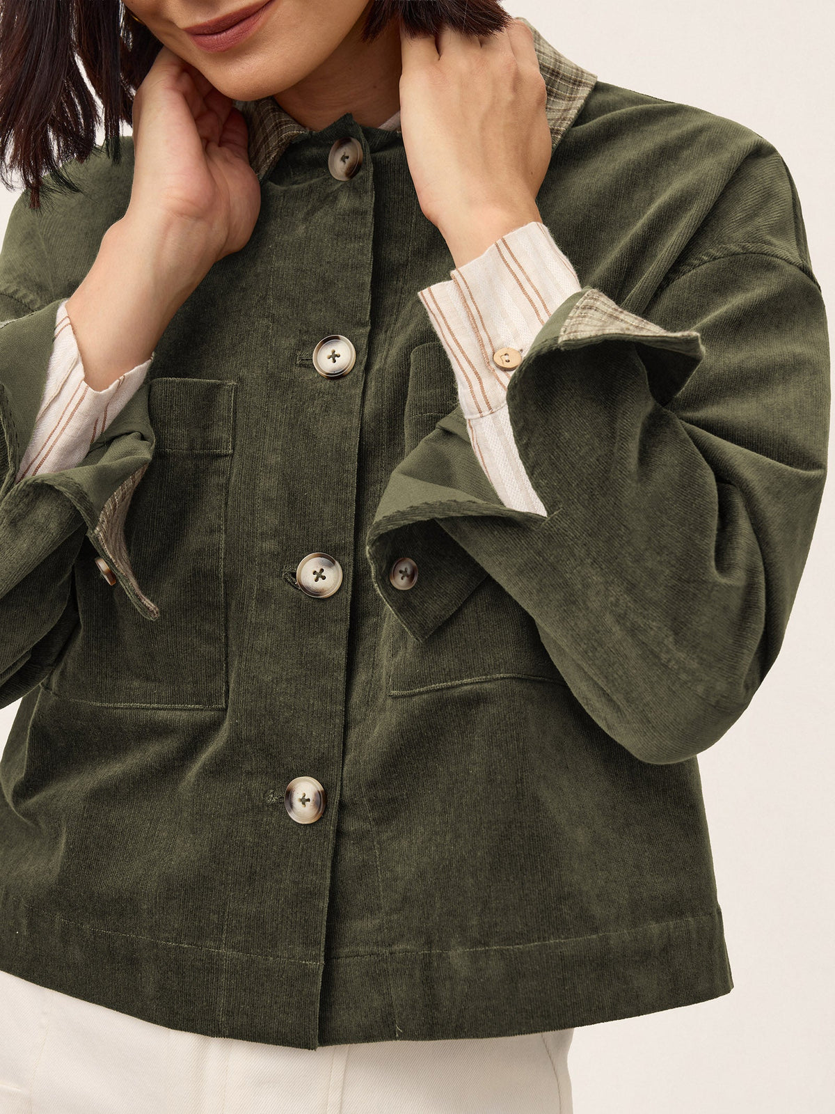 Contrast Check Collar Cropped Jacket FLORENZA