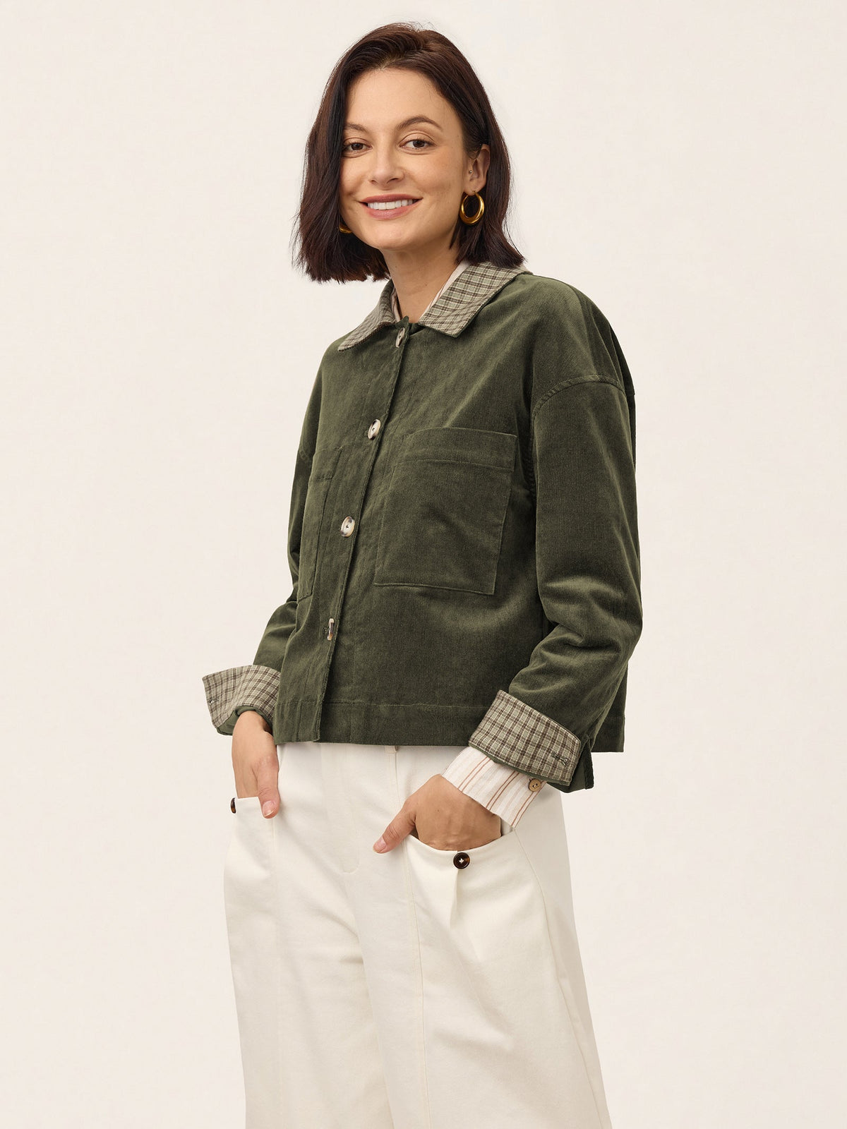 Contrast Check Collar Cropped Jacket FLORENZA