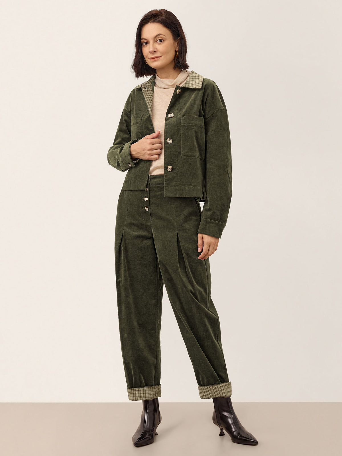 Contrast Check Collar Cropped Jacket FLORENZA