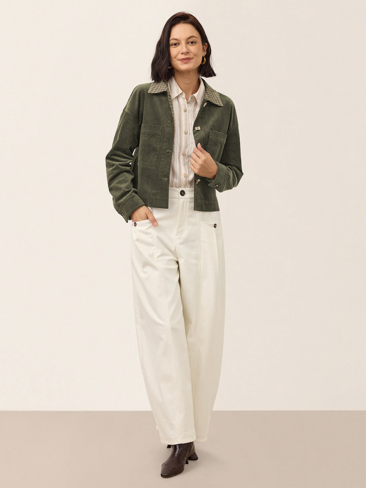 Contrast Check Collar Cropped Jacket FLORENZA