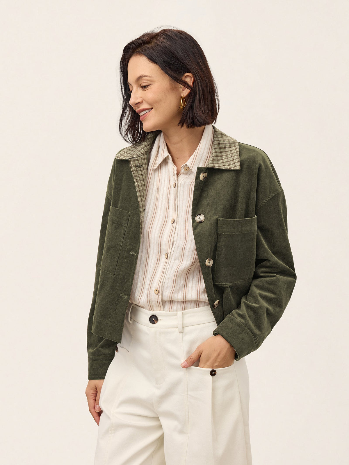 Contrast Check Collar Cropped Jacket FLORENZA