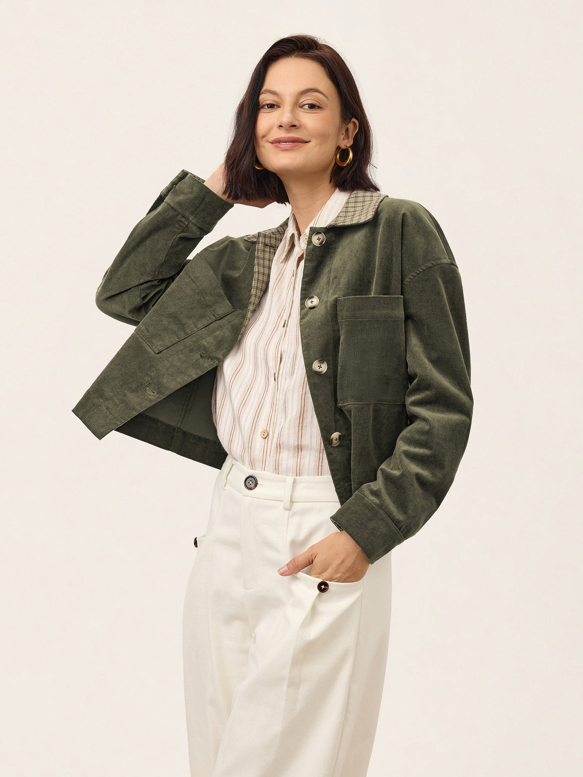 Contrast Check Collar Cropped Jacket FLORENZA