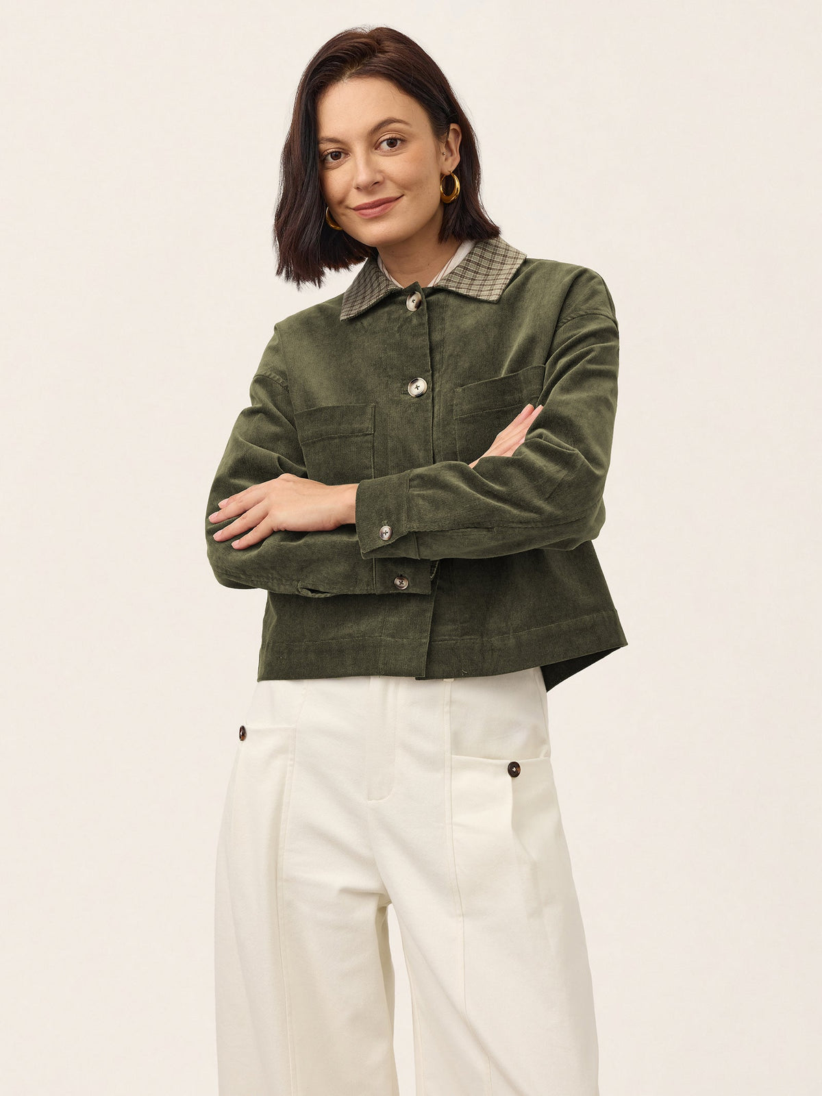 Contrast Check Collar Cropped Jacket FLORENZA