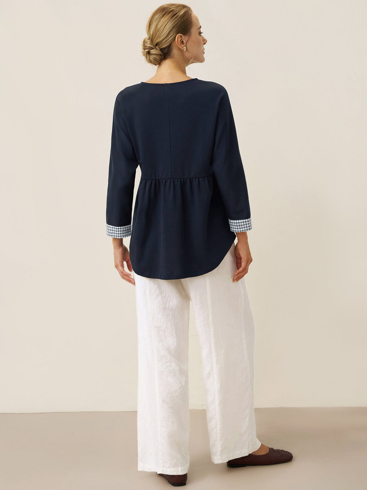 Organic Cotton Patchwork Cuff Button Decor Top AUDREY