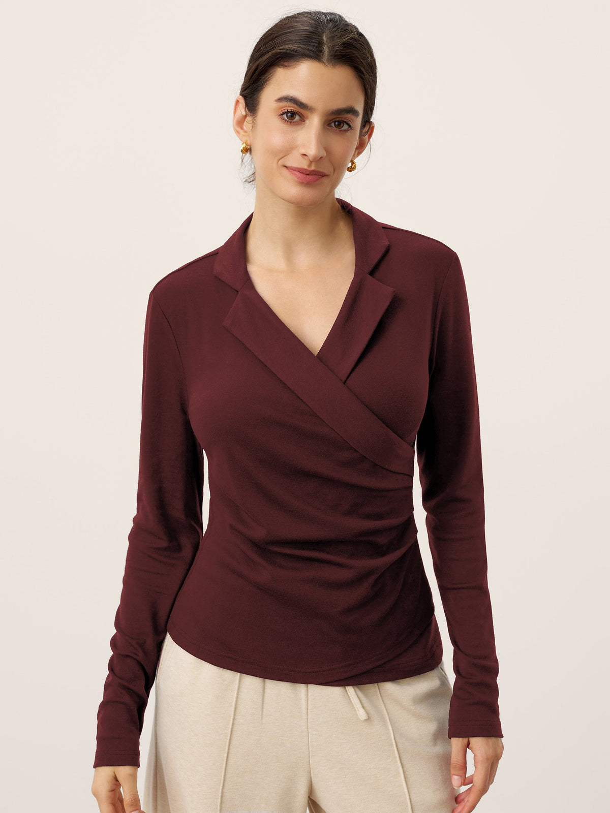 Wool Asymmetric Side Ruched Stretch Top BRIONY
