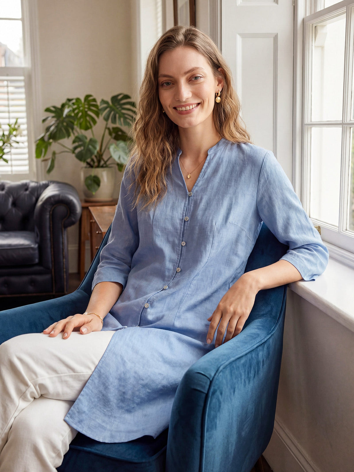 100% Linen Hand Button Long Top DILLON