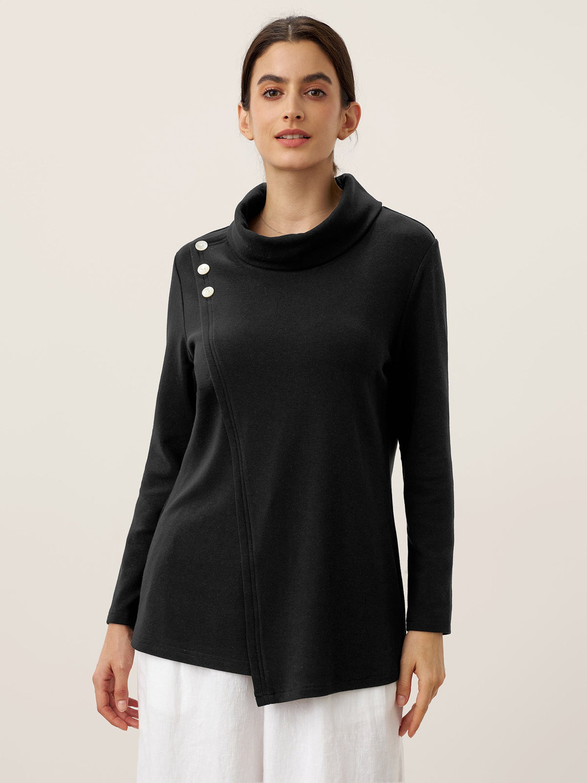 Mock Neck Buttoned Stretch Top ZARIA