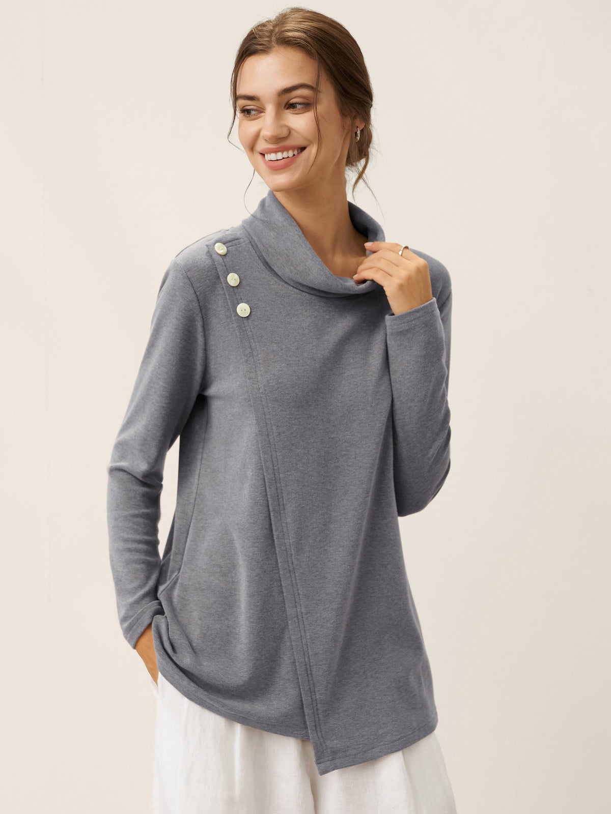 Mock Neck Buttoned Stretch Top ZARIA