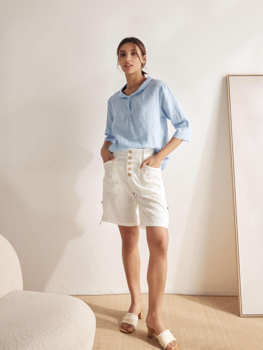 100% Linen Shawl V-Neck Half Sleeve Top JADE