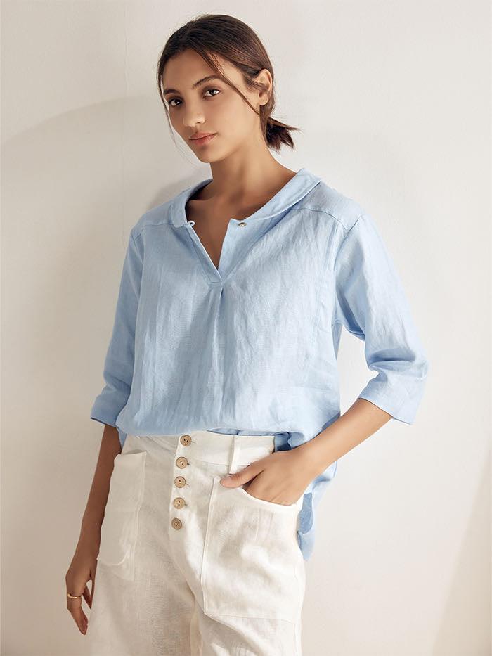 100% Linen Shawl V-Neck Half Sleeve Top JADE