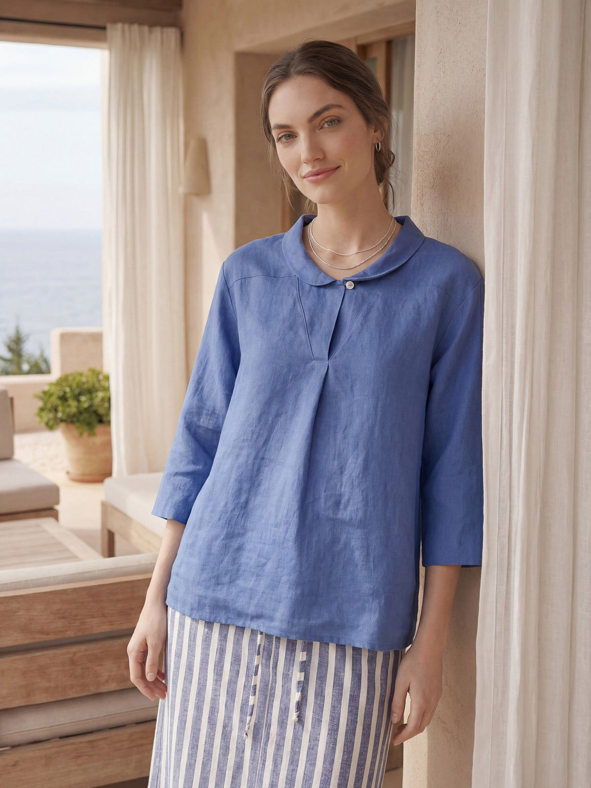 100% Linen Shawl V-Neck Half Sleeve Top JADE