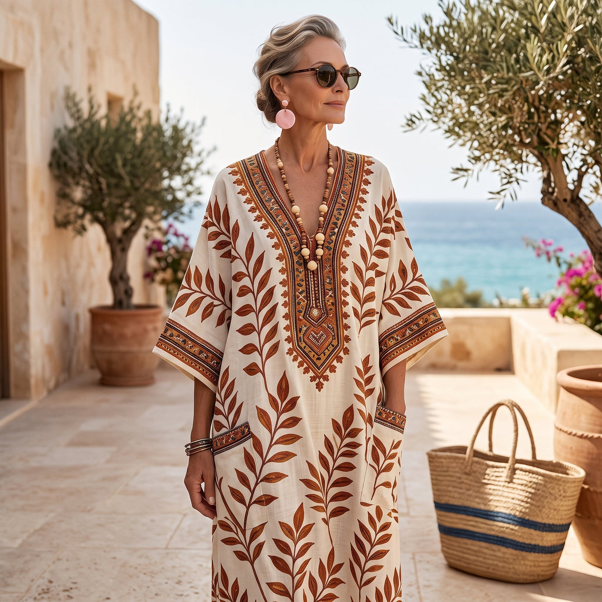 Isabel | Caft¨¢n Largo Fresco - Patr¨®n Blanco Mediterr¨¢neo