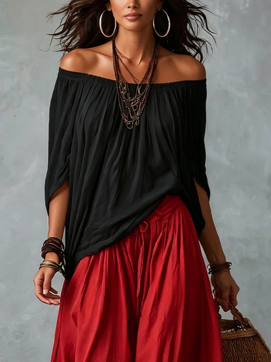 Conjunto Amara? | Blusa Bardot Negra y Pantal¨®n Lanterne Rojo