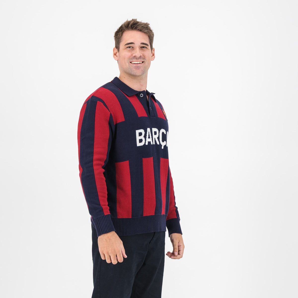 Barcelona FC Stripe 2 Button Long Sleeve Knit Polo Navy