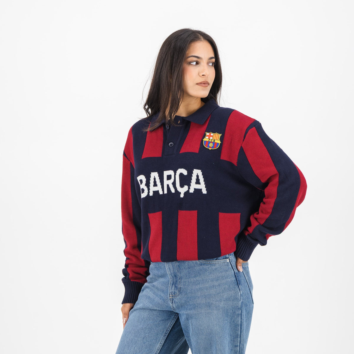 Barcelona FC Stripe 2 Button Long Sleeve Knit Polo Navy